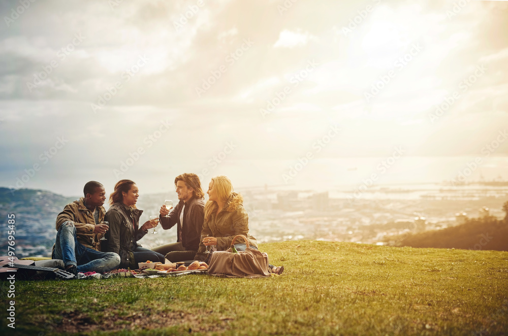 Far from the noise of the city. Shot of a group of young friends having fun at a picnic.