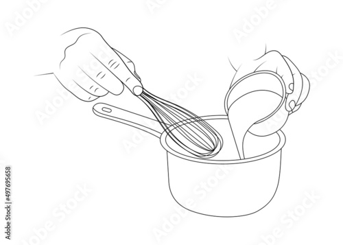 Pouring yogurt into a saucepan sketch illustration. Hold whisk in hand.