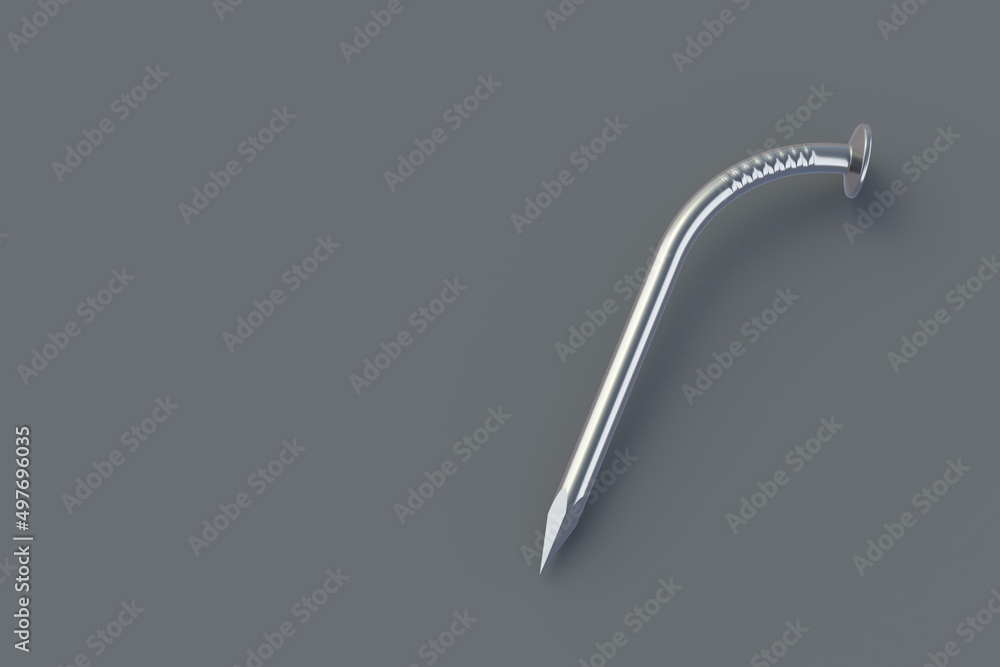 Curved metal nail on gray background. Building equipment. Tool for repair, renovation. Copy space. 3d render