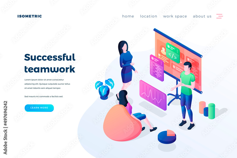 Successful teamwork landing page vector template. Team management website homepage interface idea with isometric illustrations. Goal achievement strategy development web banner 3D cartoon concept