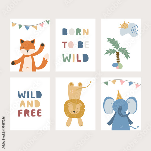 Fototapeta Naklejka Na Ścianę i Meble -  Cartoon cute animals baby card collection with text