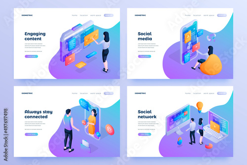 Online communication isometric landing page templates set. Engaging content, social media, internet connection, website homepage design. Internet network chatting web site, page layout