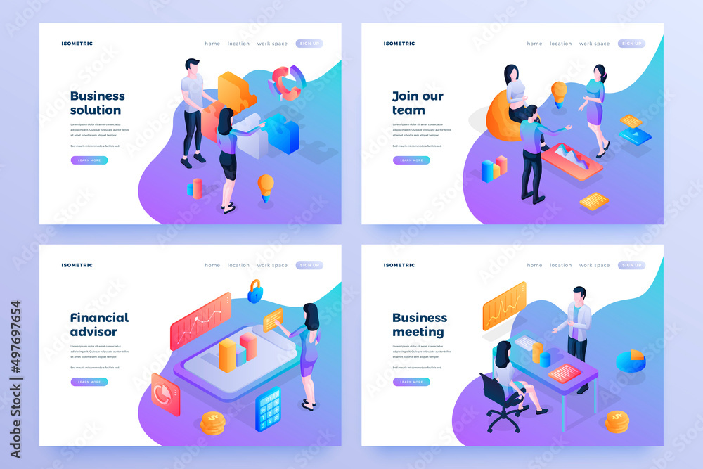 Staff teamwork isometric landing page templates set. Business solution, financial advisor, staff communication homepage design. Company employees working in team cartoon characters
