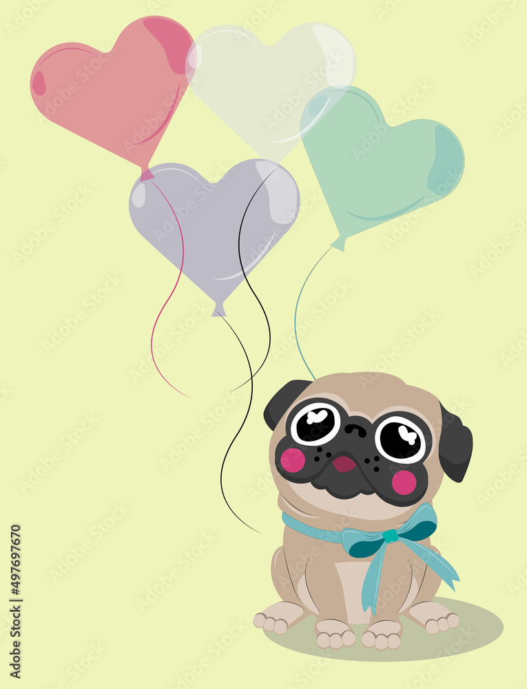 Greeting card, banner, icon. Birthday card. Pug on yellow background and balloons. Happy Birthday. Green bow.
