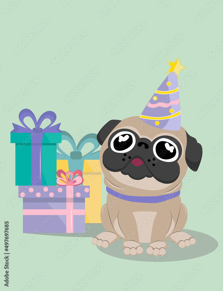 Greeting card, banner, icon. Birthday card. Pug on green background with gift box. Happy Birthday.