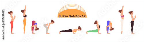 Yoga woman vector illustration. Sun Sautation yoga poses set, eps 10