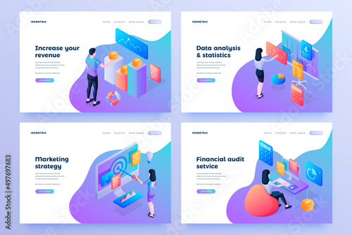 Business development isometric landing page templates set. Increasing revenue. Data analysis and statistics, marketing strategy, financial audit service. People working on projects cartoon characters