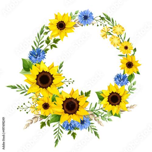 Vector floral wreath with blue and yellow sunflowers, cornflowers, dandelion flowers, gerbera flowers, ears of wheat, and green leaves. Floral circle border. Greeting or invitation card design