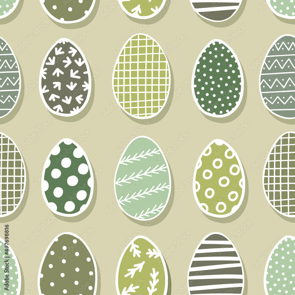 Graphic style colorful decorated Easter eggs vector illustration. Spring season holiday seamless pattern isolated on light green background.