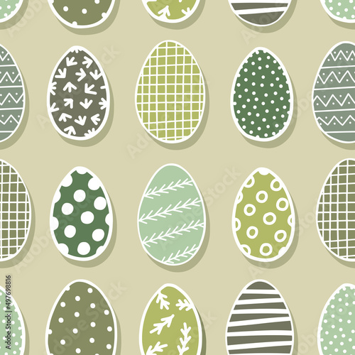 Obraz na płótnie Graphic style colorful decorated Easter eggs vector illustration. Spring season holiday seamless pattern isolated on light green background. w salonie