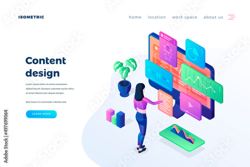 Content design landing page vector template. Customer relationship management website homepage interface idea with isometric illustrations. Audience research, attraction web banner 3D cartoon concept