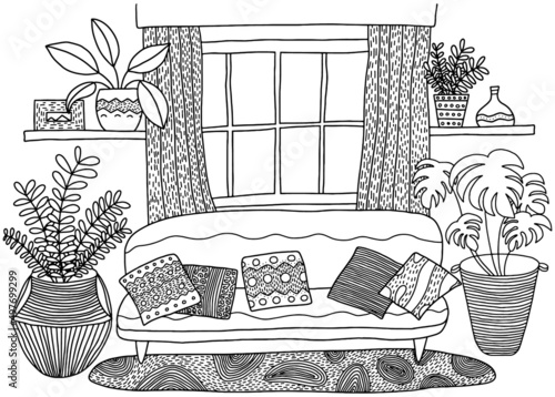 Cozy living room coloring page. Living room interior design. Cute coloring book for children and adults