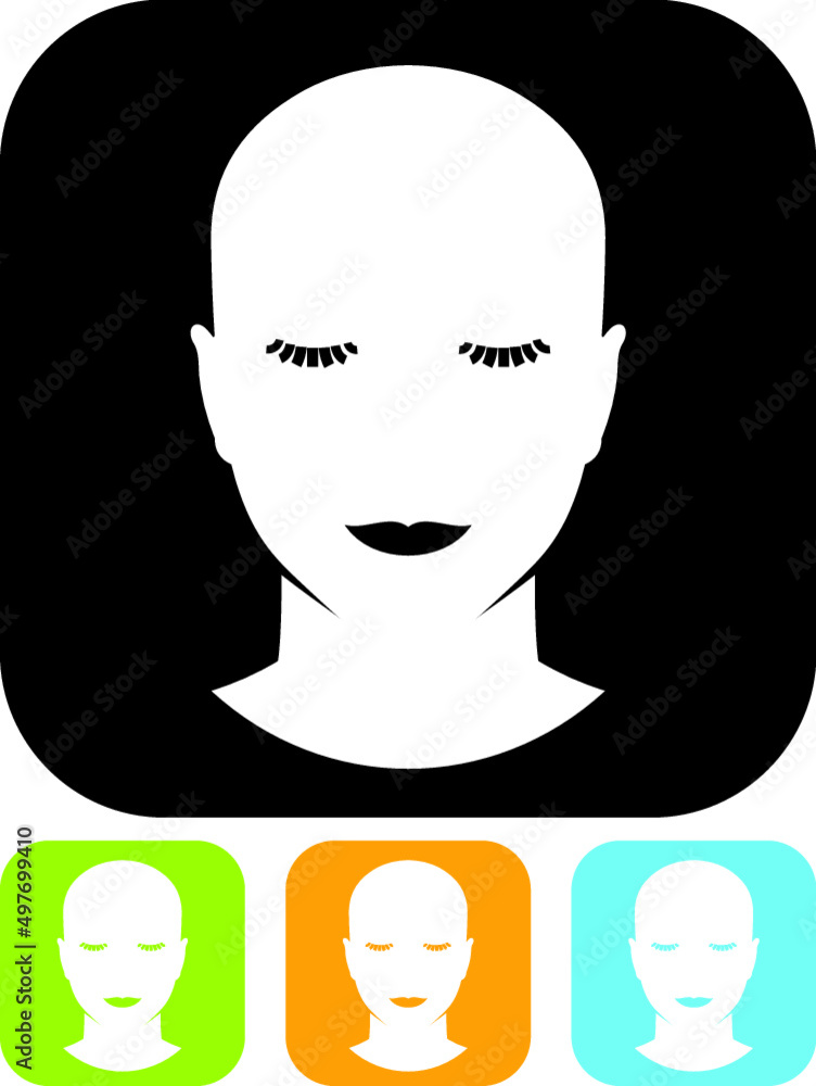 Beautiful woman head with no hair. Beauty salon or cosmetics store logo. Female face with eyelashes and makeup vector isolated