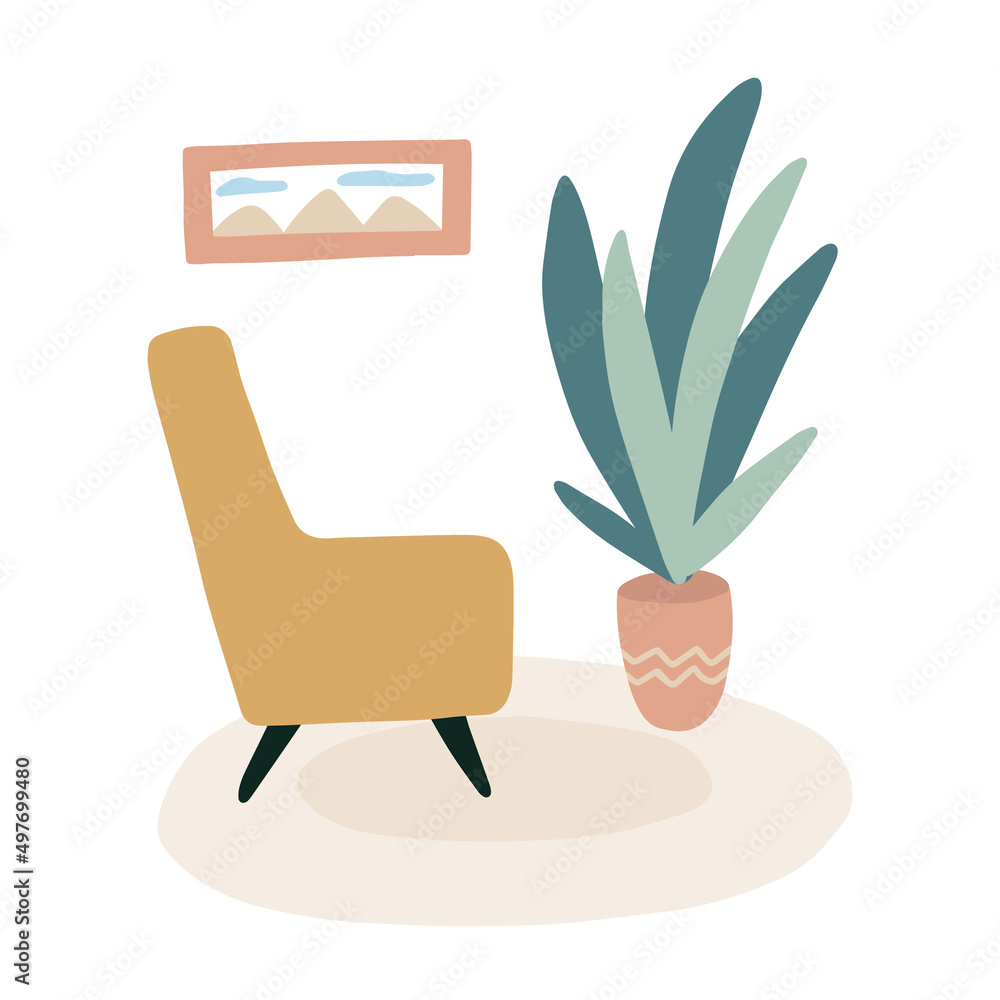 Cute interior design with armchair and houseplant. Vector interior ...