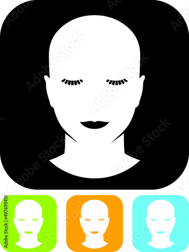 Beautiful woman head with no hair. Beauty salon or cosmetics store logo. Female face with eyelashes and makeup vector isolated