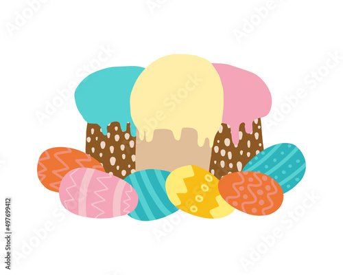 Easter greeting card. Happy Easter vector illustration. Cake and colored eggs.
