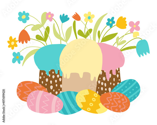 Easter greeting card. Happy Easter vector illustration. Cake with flowers and colored eggs.