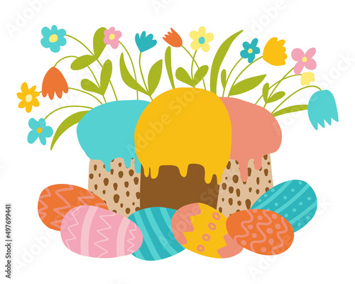 Easter greeting card. Happy Easter vector illustration. Cake with flowers and colored eggs.