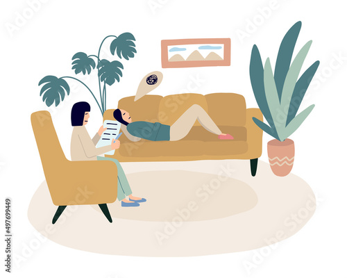 Psychological therapy session vector illustration. Woman lying on the couch and psychologist listening in armchair. Mental health and psychology concept