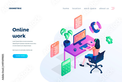 Online work landing page vector template. Modern business, freelance website homepage interface idea with isometric illustrations. Remote workplace, home workspace web banner 3D cartoon concept