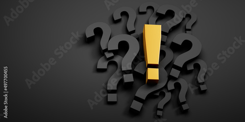 Pile of black question mark symbols with single golden exclamation mark on dark background - 3D illustration	
