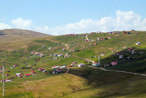 green valleys with wooden houses.Turkey