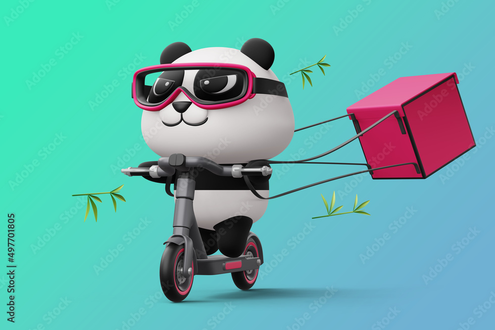 Fototapeta premium Cute Panda riding scooter, panda delivery, 3d rendering