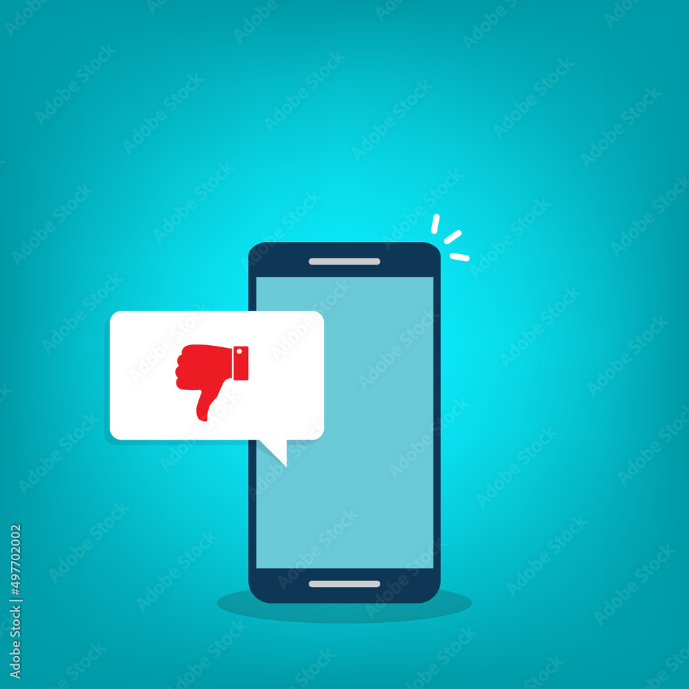 Smartphone with dislike message, dislike button. Thumbs down icon. Social networking, social media usage on mobile device. Smartphone with dislike message, dislike button. Thumbs down icon. Social networking, social media usage on mobile device.