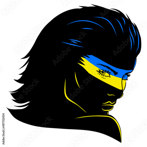 Ukraine, silhouette of a girl, flag, no war, peace, yellow-blue color. Emblem, logo, sticker, t-shirt print. Concept. Stock vector illustration isolated on white background