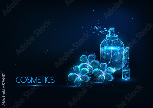 Futuristic cosmetics, make up concept with glowing low polygonal perfume bottle, lipstick and flower