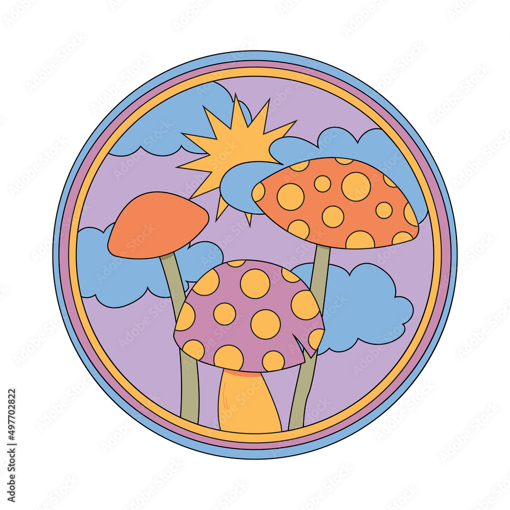 Various magic hallucinogenic mushrooms. Fantasy cute elements. Retro cartoon mushrooms on the grass. Modern design pin, icon, sticker. Hippie style. Vector flat illustration on an isolated background. Various magic hallucinogenic mushrooms. Fantasy cute elements. Retro cartoon mushrooms on the grass. Modern design pin, icon, sticker. Hippie style. Vector flat illustration on an isolated background.