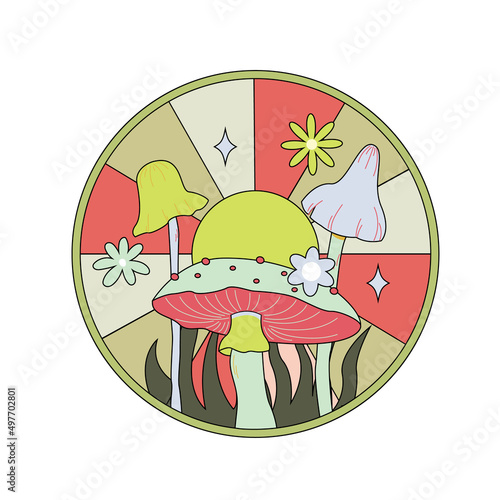 Various magic hallucinogenic mushrooms. Fantasy cute elements. Retro cartoon mushrooms on the grass. Modern design pin, icon, sticker. Hippie style. Vector flat illustration on an isolated background.