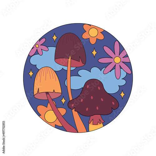 Various magic hallucinogenic mushrooms. Fantasy cute elements. Retro cartoon mushrooms on the grass. Modern design pin, icon, sticker. Hippie style. Vector flat illustration on an isolated background.