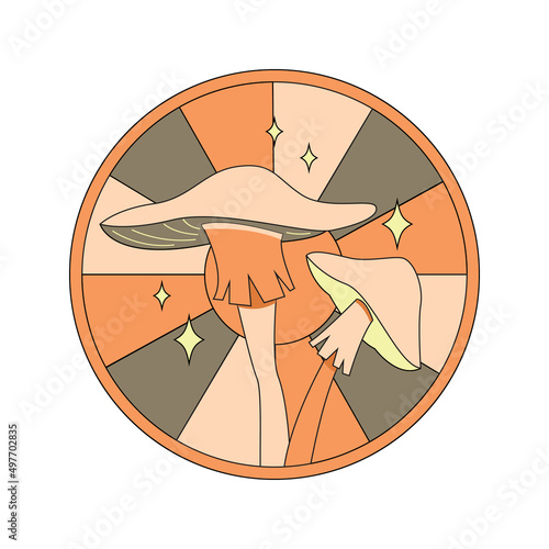 Various magic hallucinogenic mushrooms. Fantasy cute elements. Retro cartoon mushrooms on the grass. Modern design pin, icon, sticker. Hippie style. Vector flat illustration on an isolated background.