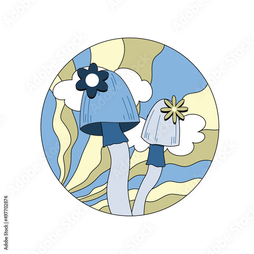 Various magic hallucinogenic mushrooms. Fantasy cute elements. Retro cartoon mushrooms on the grass. Modern design pin, icon, sticker. Hippie style. Vector flat illustration on an isolated background.