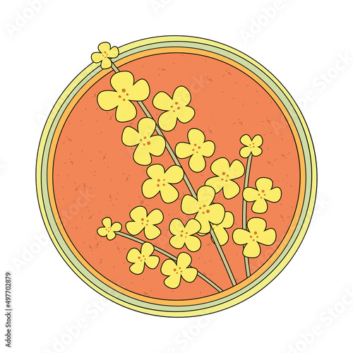 Hand-drawn yellow rapeseed flower. Blooming branch for postcards, logos. Flat retro style. Cartoon vector canola plant. All elements are isolated. Cute design for your icon, sticker, pin.