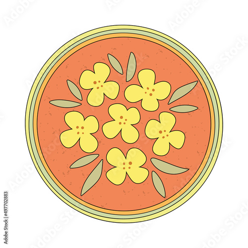 Hand-drawn yellow rapeseed flower. Blooming branch for postcards, logos. Flat retro style. Cartoon vector canola plant. All elements are isolated. Cute design for your icon, sticker, pin.