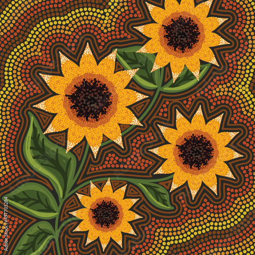 Aboriginal style of sunflower art - Illustration