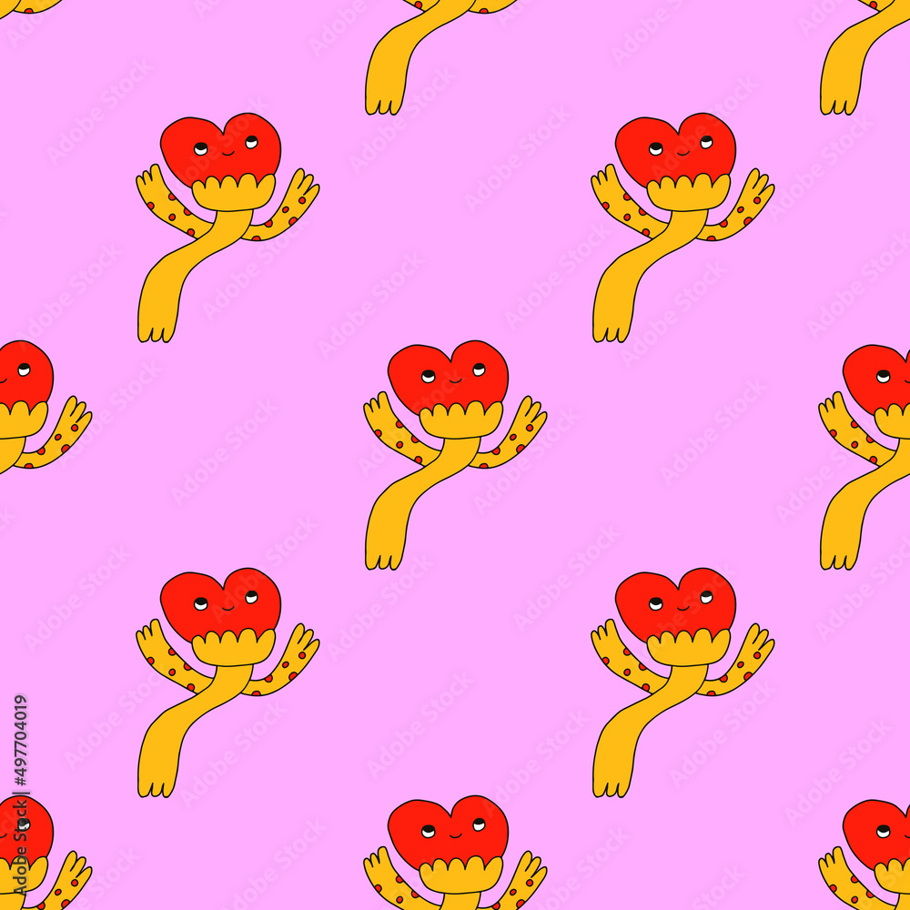 Seamless vector pattern with flowers. Vibrant flowers with faces in the style of psychedelic art. Ornament in the style of hippie 70s and 80s. Funny botanical print Seamless vector pattern with flowers. Vibrant flowers with faces in the style of psychedelic art. Ornament in the style of hippie 70s and 80s. Funny botanical print