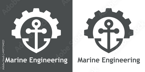 Logotipo con texto Marine Engineering con silueta de ancla de barco con rueda dentada en fondo gris y fondo blanco