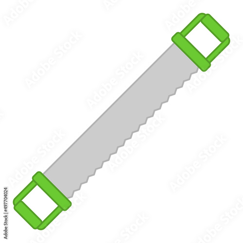 Hand saw for sawing wood. Green handlesaw flat symbol. Isolated image on a white background.