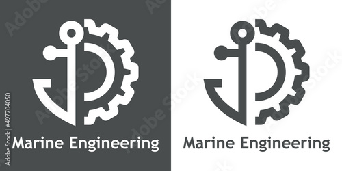Wallpaper Mural Logotipo con texto Marine Engineering con silueta de ancla de barco con rueda dentada con líneas en fondo gris y fondo blanco Torontodigital.ca