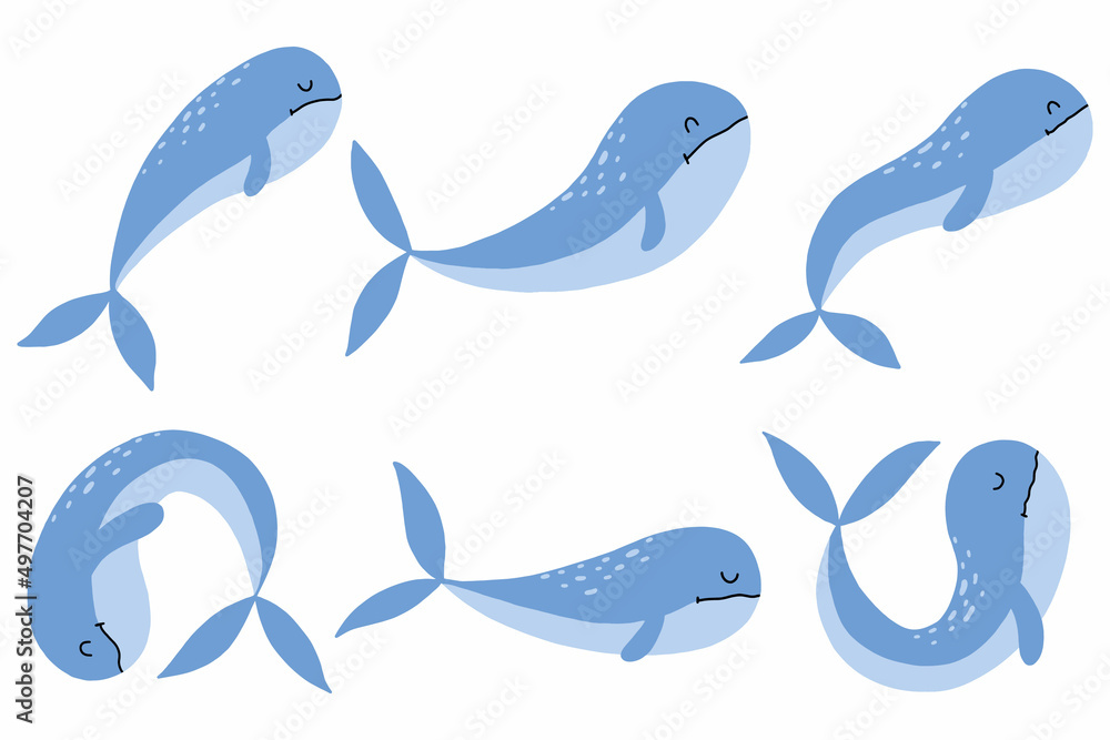 Children's set of cute whales. Drawn blue whales. Vector illustration. Children's set of cute whales. Drawn blue whales. Vector illustration.