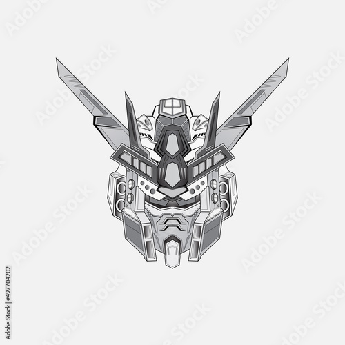 Hand drawn outline black and white Head robotic mascot logo design vector with modern illustration concept style for badge