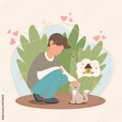 Color vector illustration on the theme of Helping homeless animals. A young man without a face sat down and looks at a gray cat who dreams of home