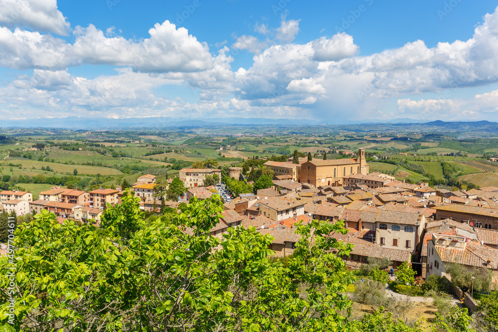 San Gimignano with a rural landscape view in Tuscany, Italy
