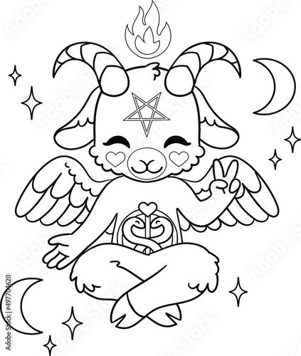 Cute Baphomet with pentagram and crescent. Goat as satanism symbol. Vector outline for coloring.