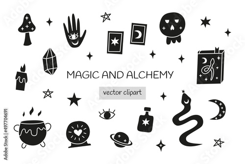 Set of doodle magic and alchemy icons.