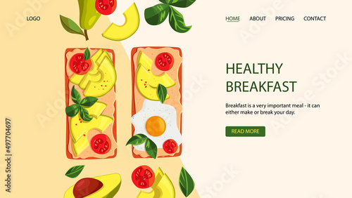 Healthy breakfast banner. Toasted bread with avocado, basil leaves, cherry tomatoes and fried egg. Vector cartoon illustration.