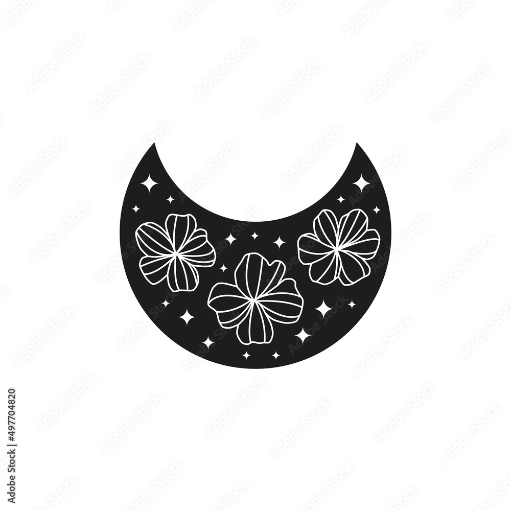 Obraz premium Bohemian floral crescent moon with flowers and stars.